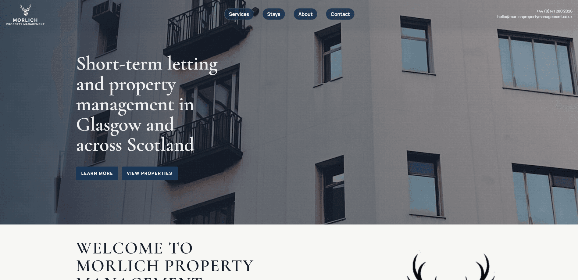 Morlich homepage hero introducing short-term letting and property management in Glasgow and across Scotland.