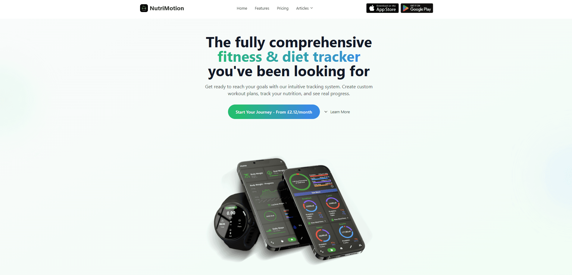 NutriMotion website hero with devices and call to action.