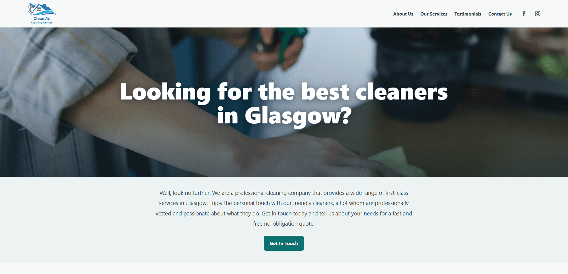 Clean As Cleaning Services homepage.
