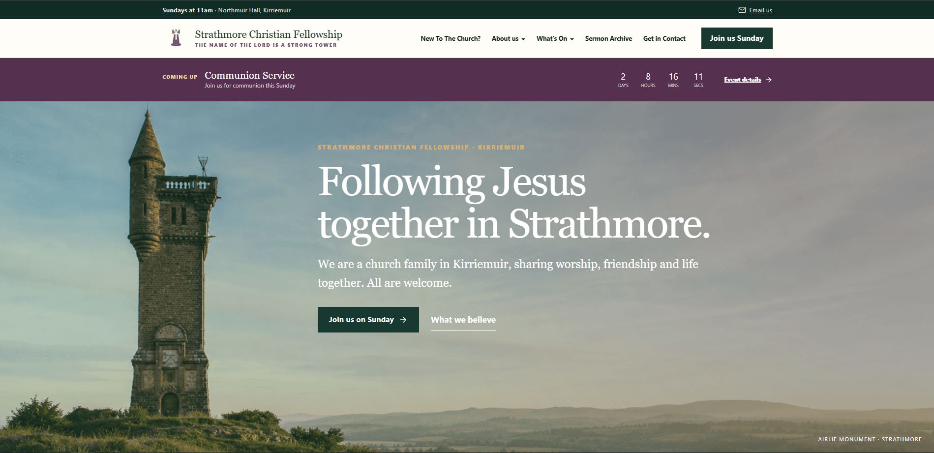 Strathmore Christian Fellowship homepage overlooking the Airlie Monument.