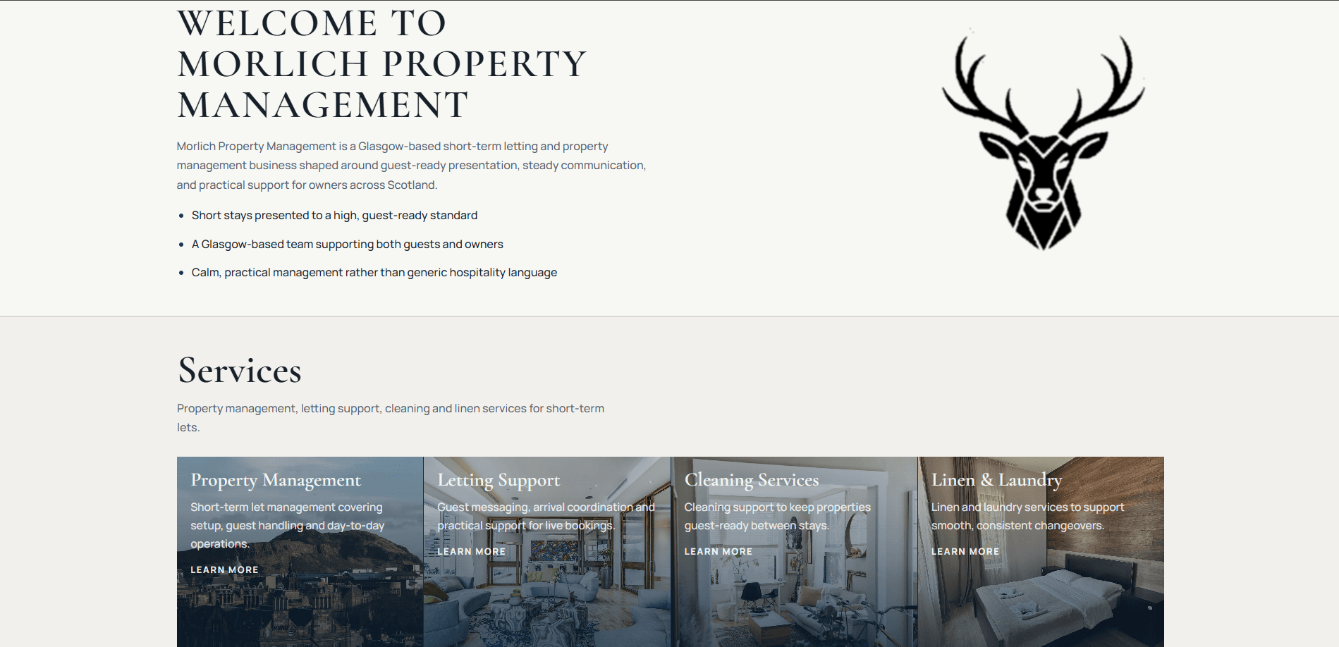 Desktop services section showing property management, letting support, cleaning, and linen alongside separate guest and owner panels.
