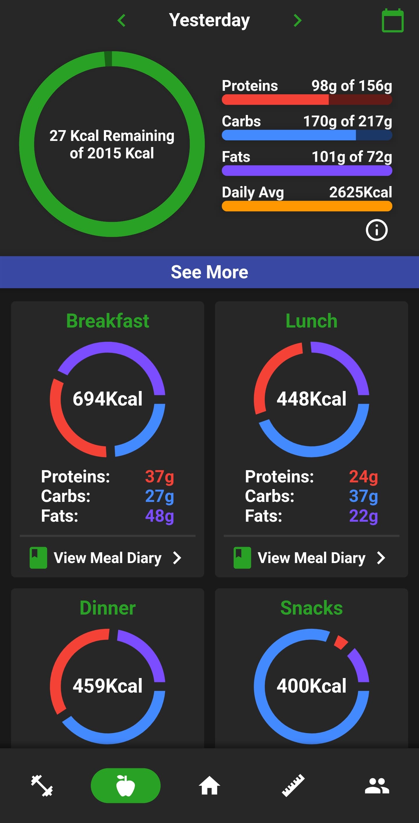 NutriMotion calorie dashboard, food search, recipes, recipe builder, meal planner and macro goals.