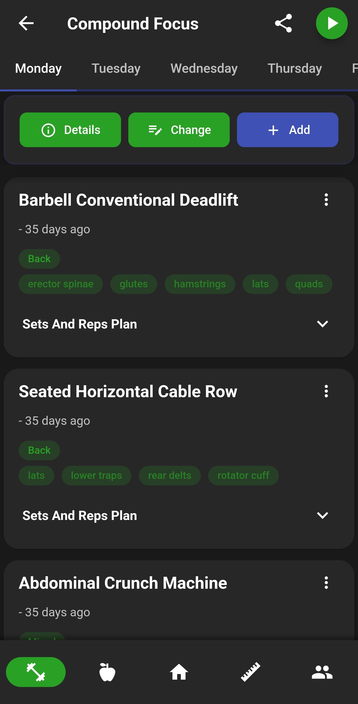 NutriMotion training plan, routine builder, workout coach, exercise graph, goal and muscle map.