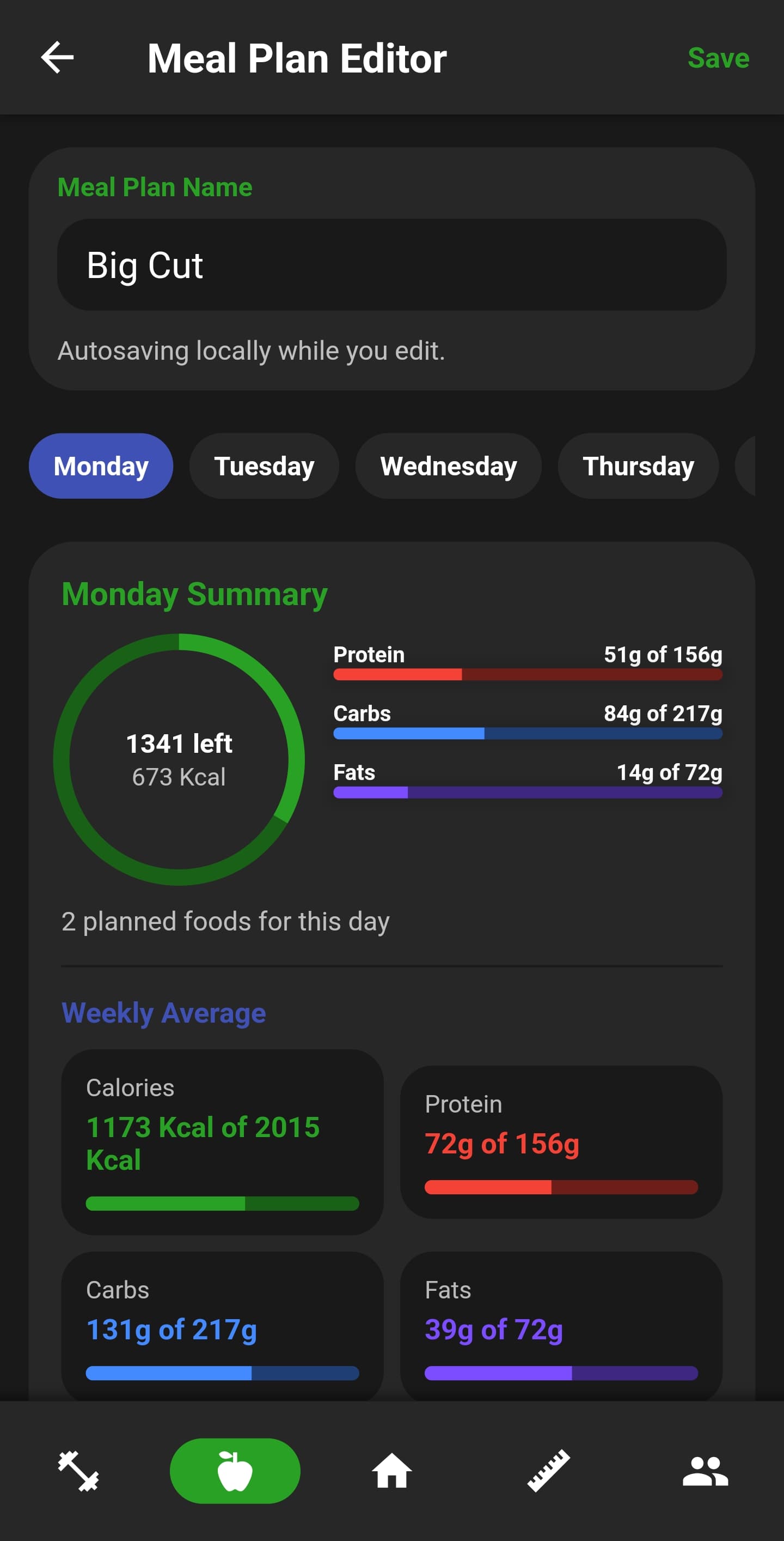 NutriMotion calorie dashboard, food search, recipes, recipe builder, meal planner and macro goals.