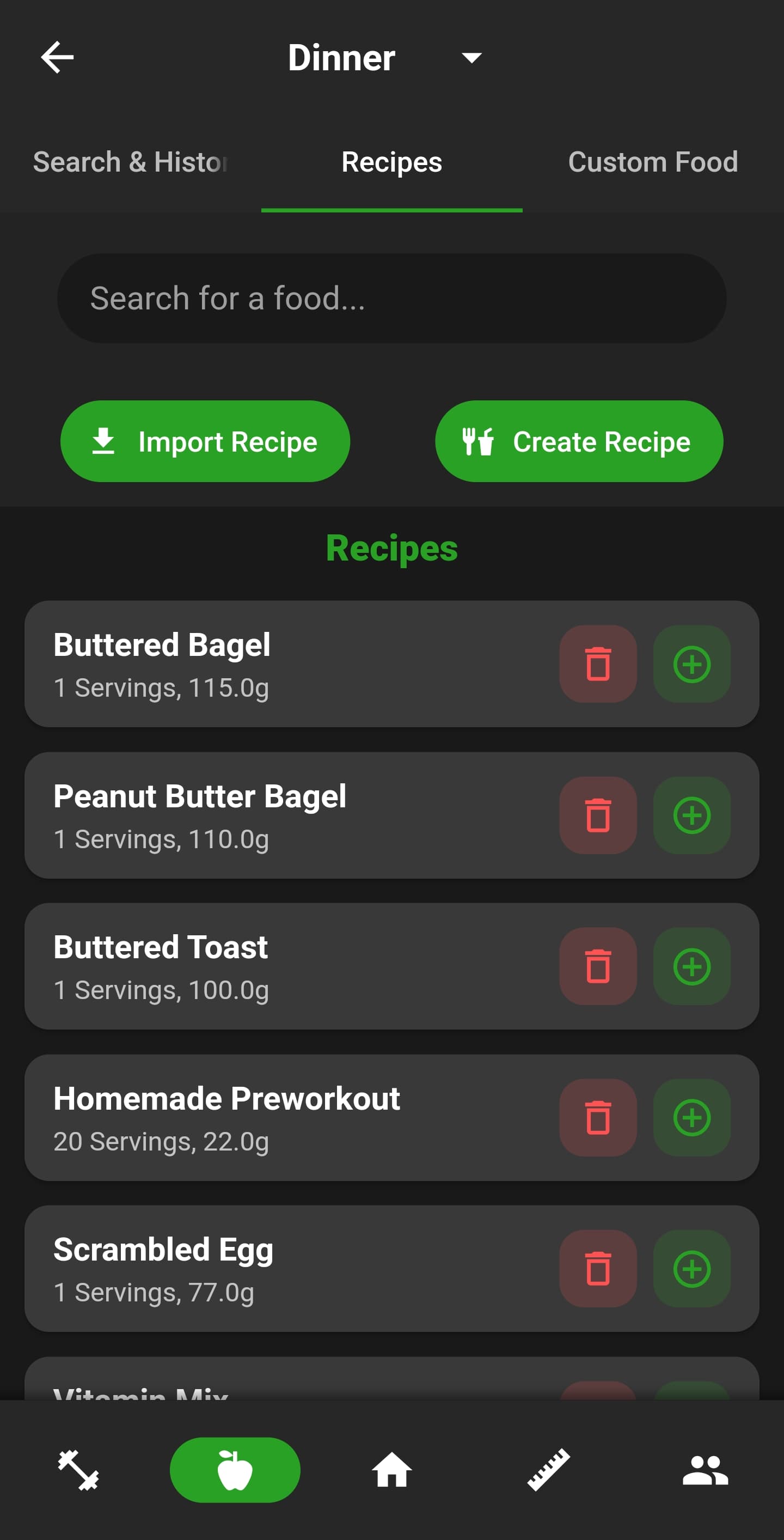 NutriMotion calorie dashboard, food search, recipes, recipe builder, meal planner and macro goals.