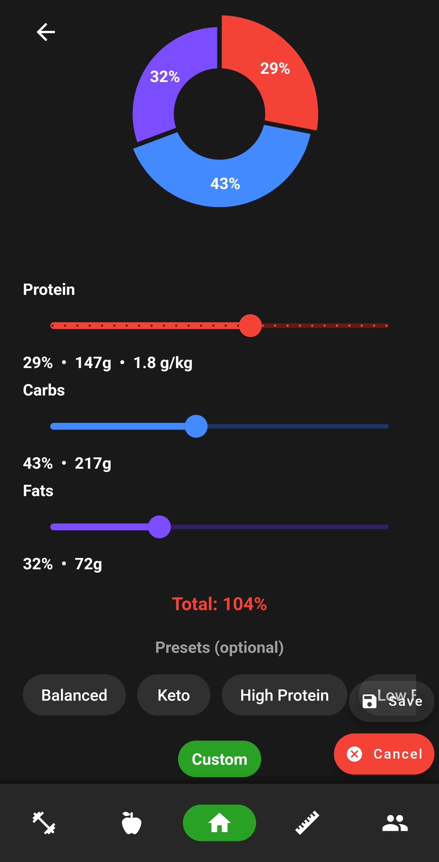 NutriMotion calorie dashboard, food search, recipes, recipe builder, meal planner and macro goals.