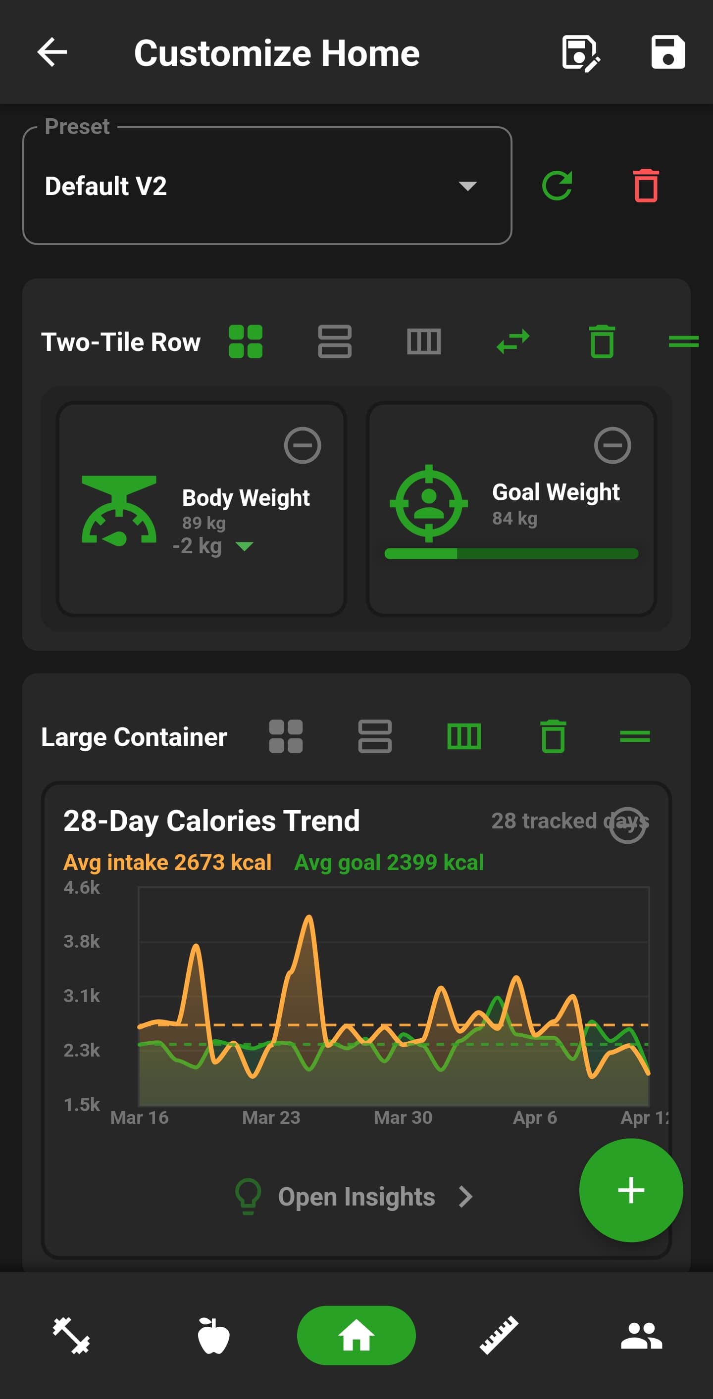 NutriMotion configurable dashboard, layout editor, reminders and app preferences.