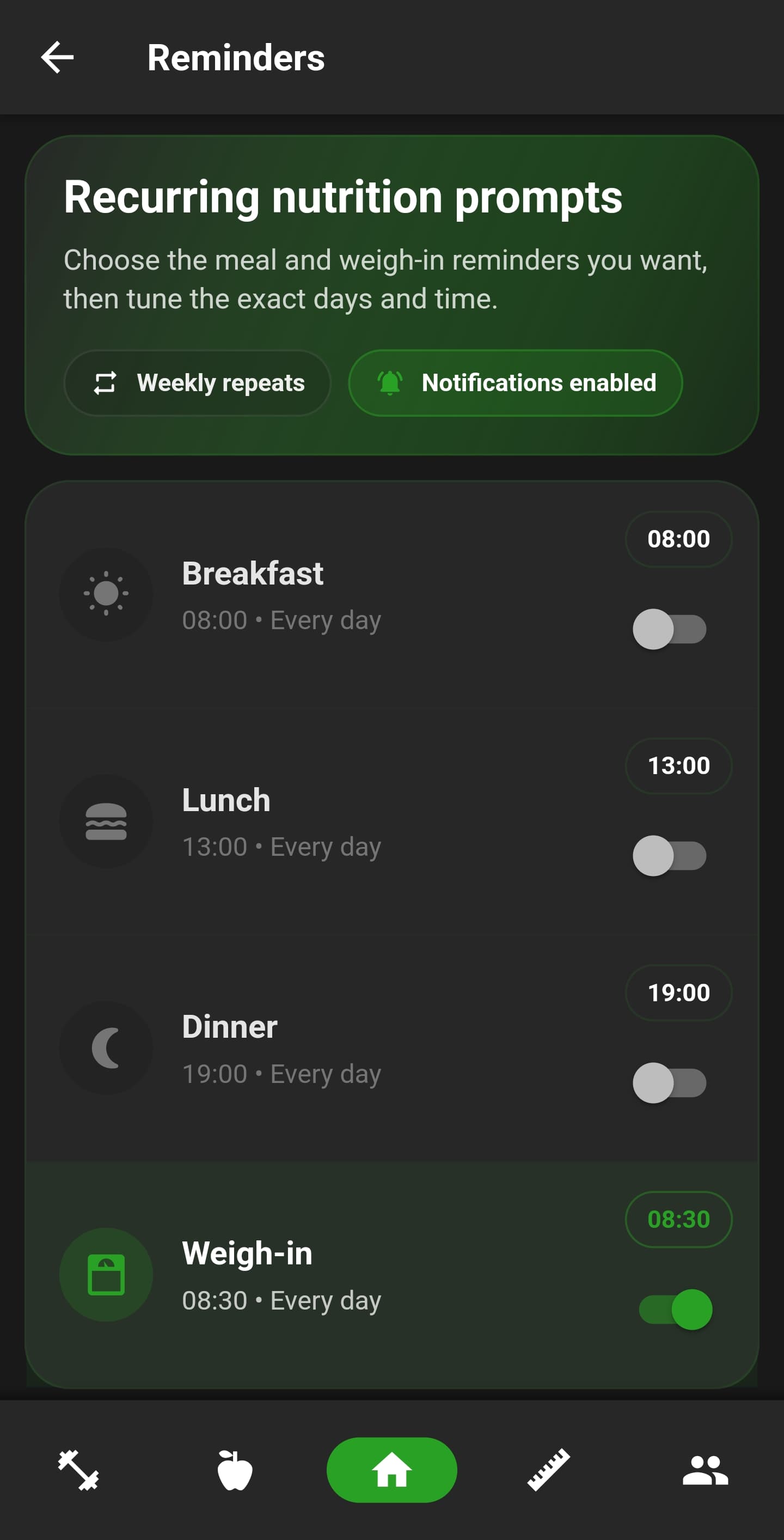 NutriMotion configurable dashboard, layout editor, reminders and app preferences.