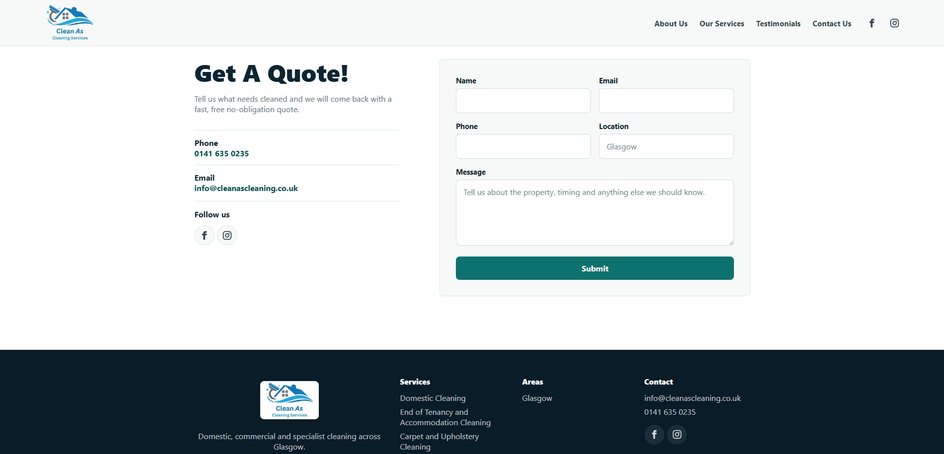 Clean As testimonials, quote form and contact footer.