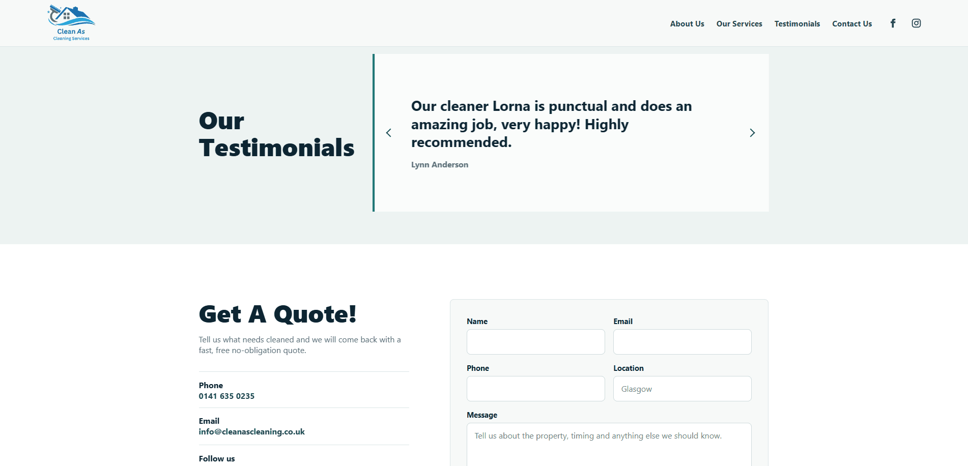 Clean As testimonials, quote form and contact footer.