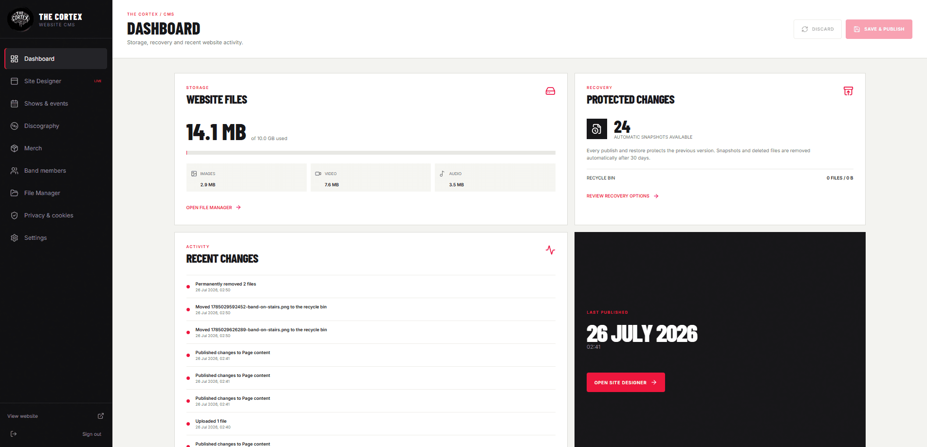 The Cortex CMS dashboard and visual site designer.