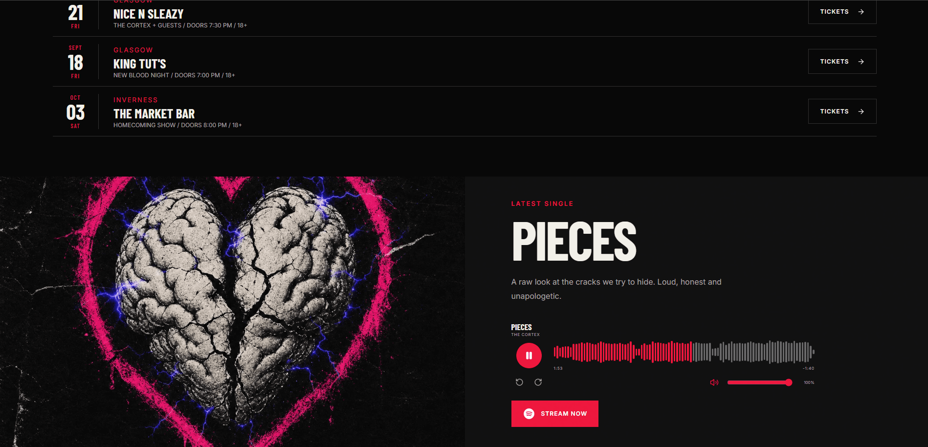 The Cortex show listing and individual show page.