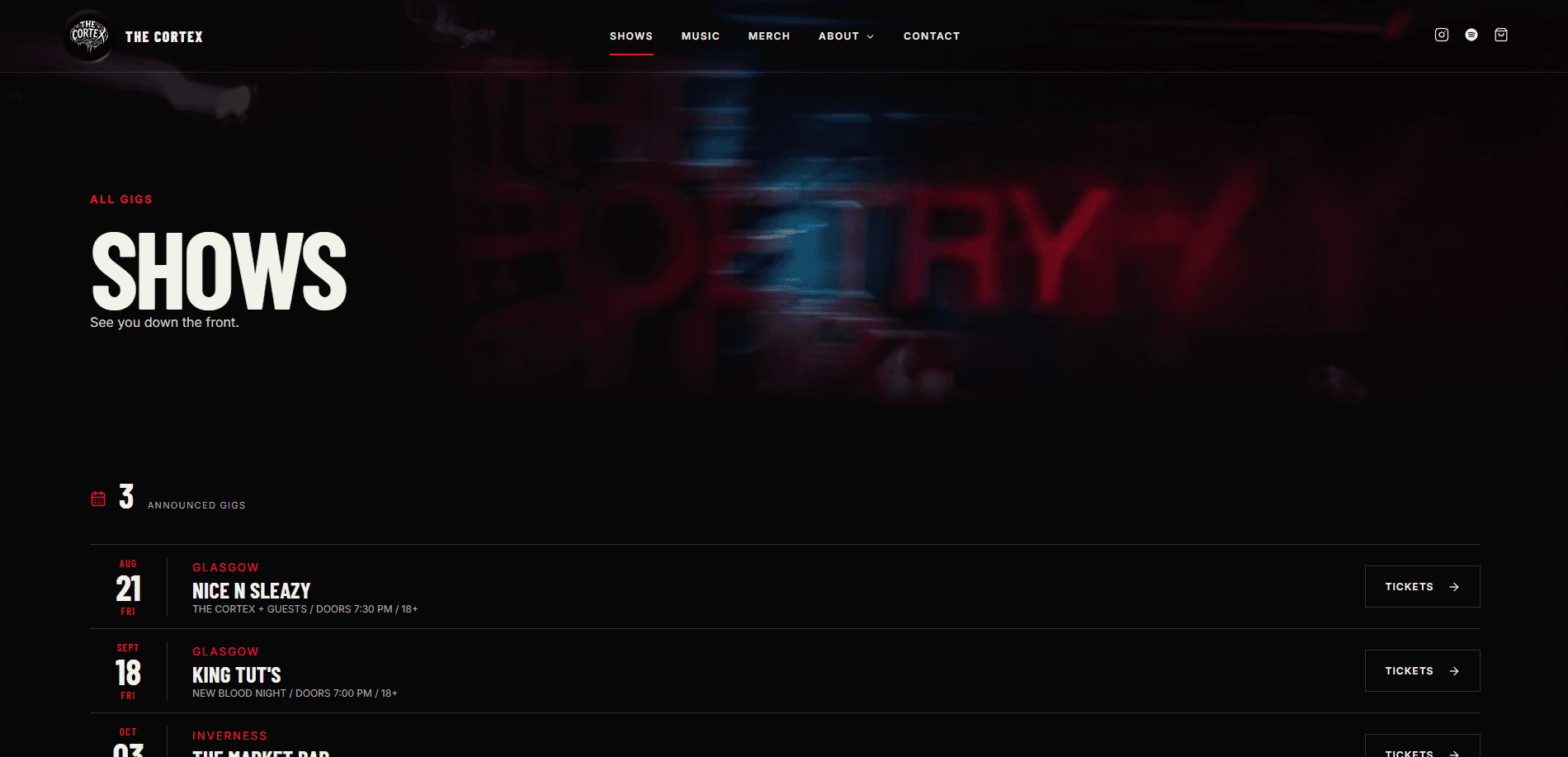 The Cortex show listing and individual show page.