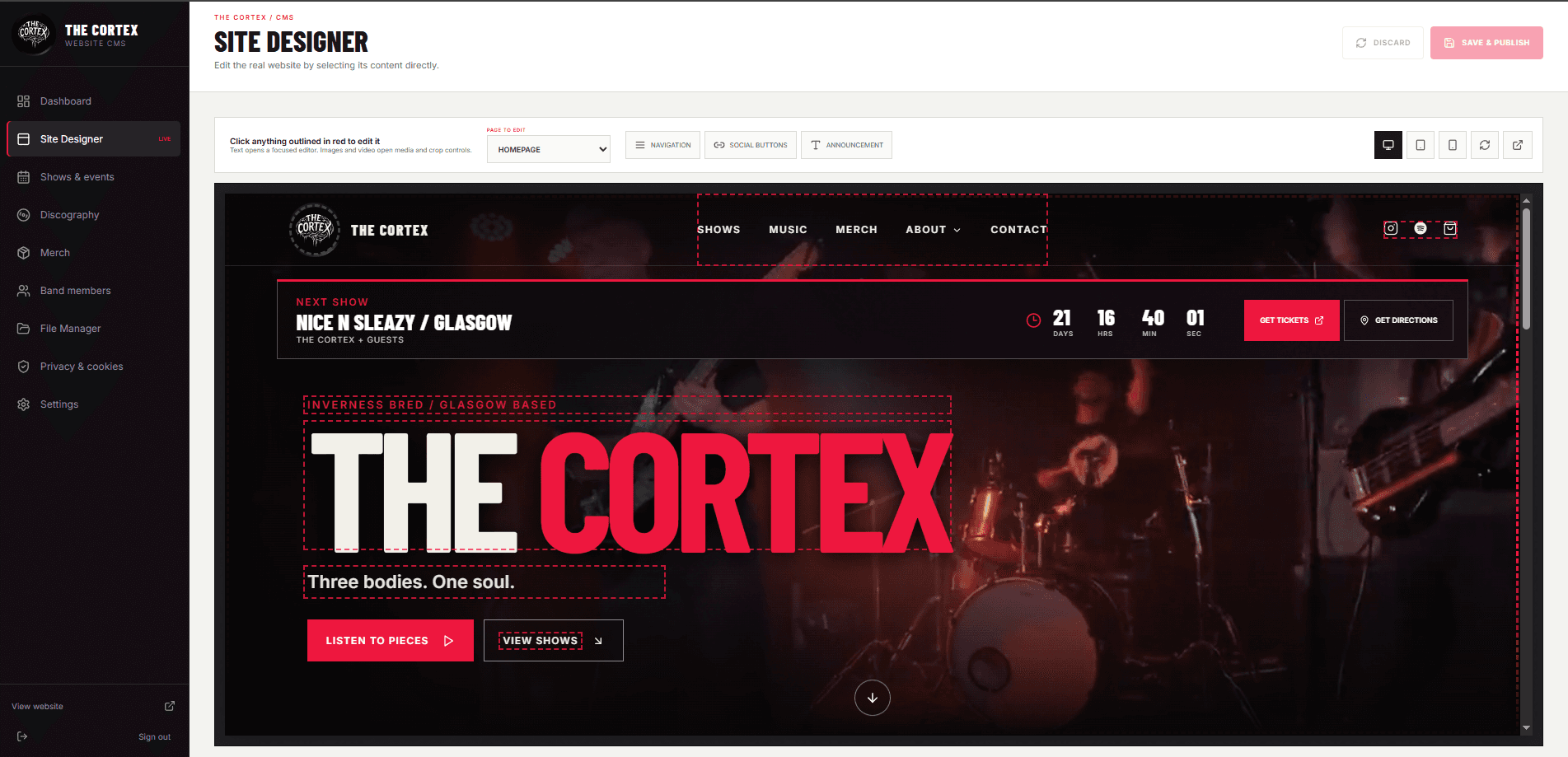 The Cortex CMS dashboard and visual site designer.