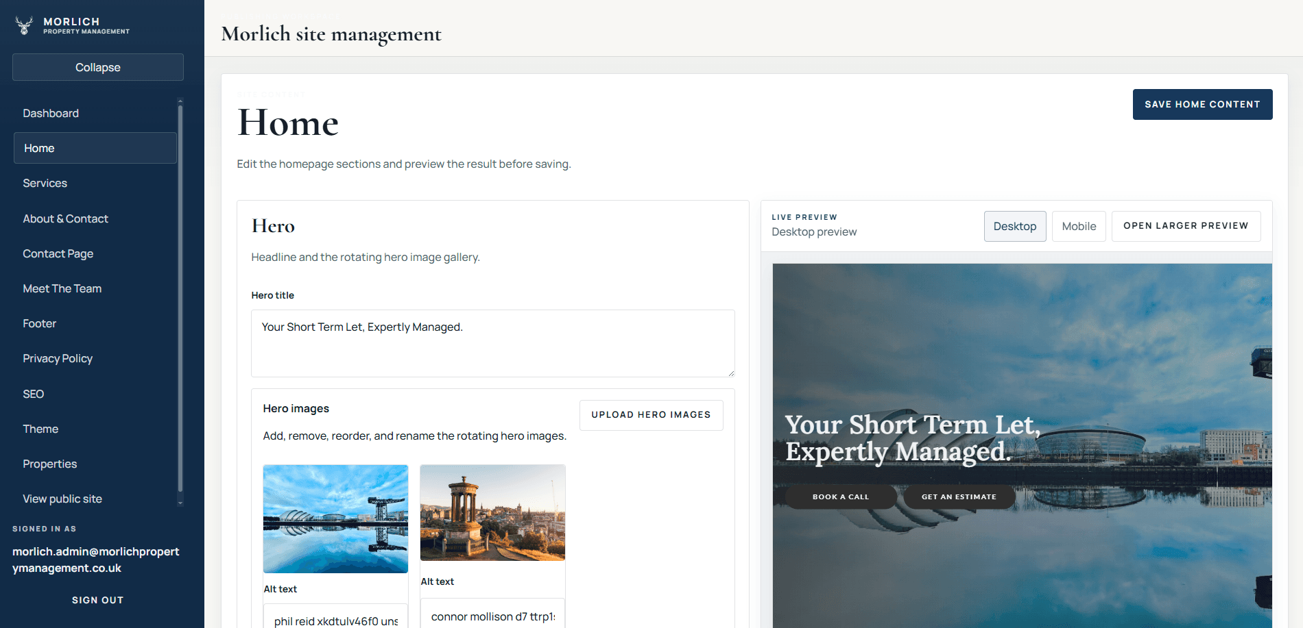 Morlich content management and enquiry pages.