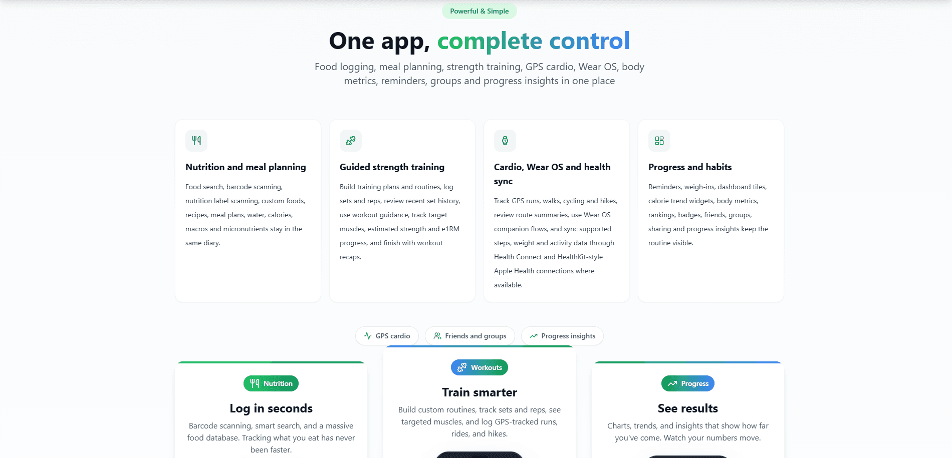 NutriMotion website overview of its nutrition, workout and progress features.