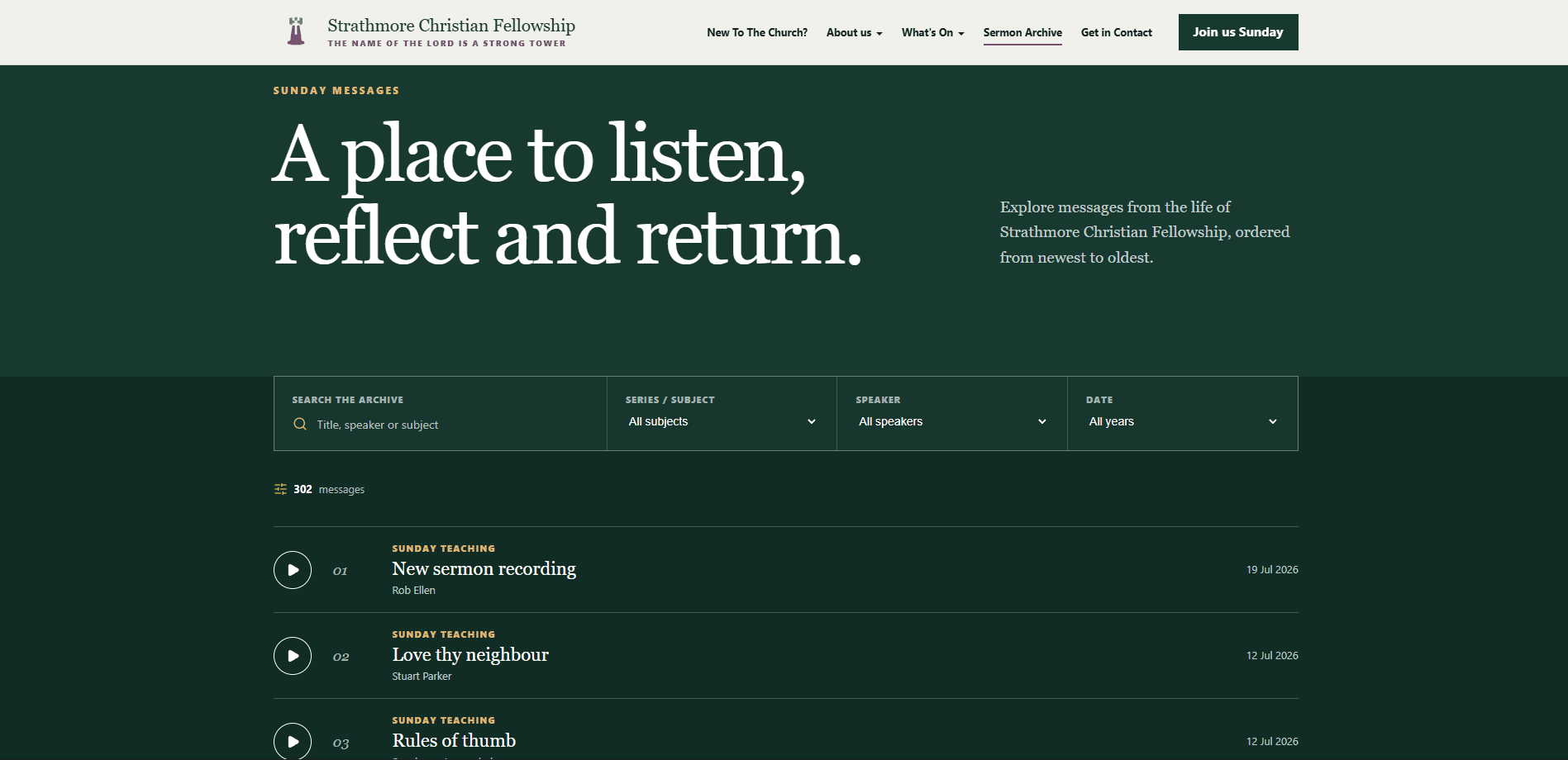 Strathmore sermon archive and detailed message player.