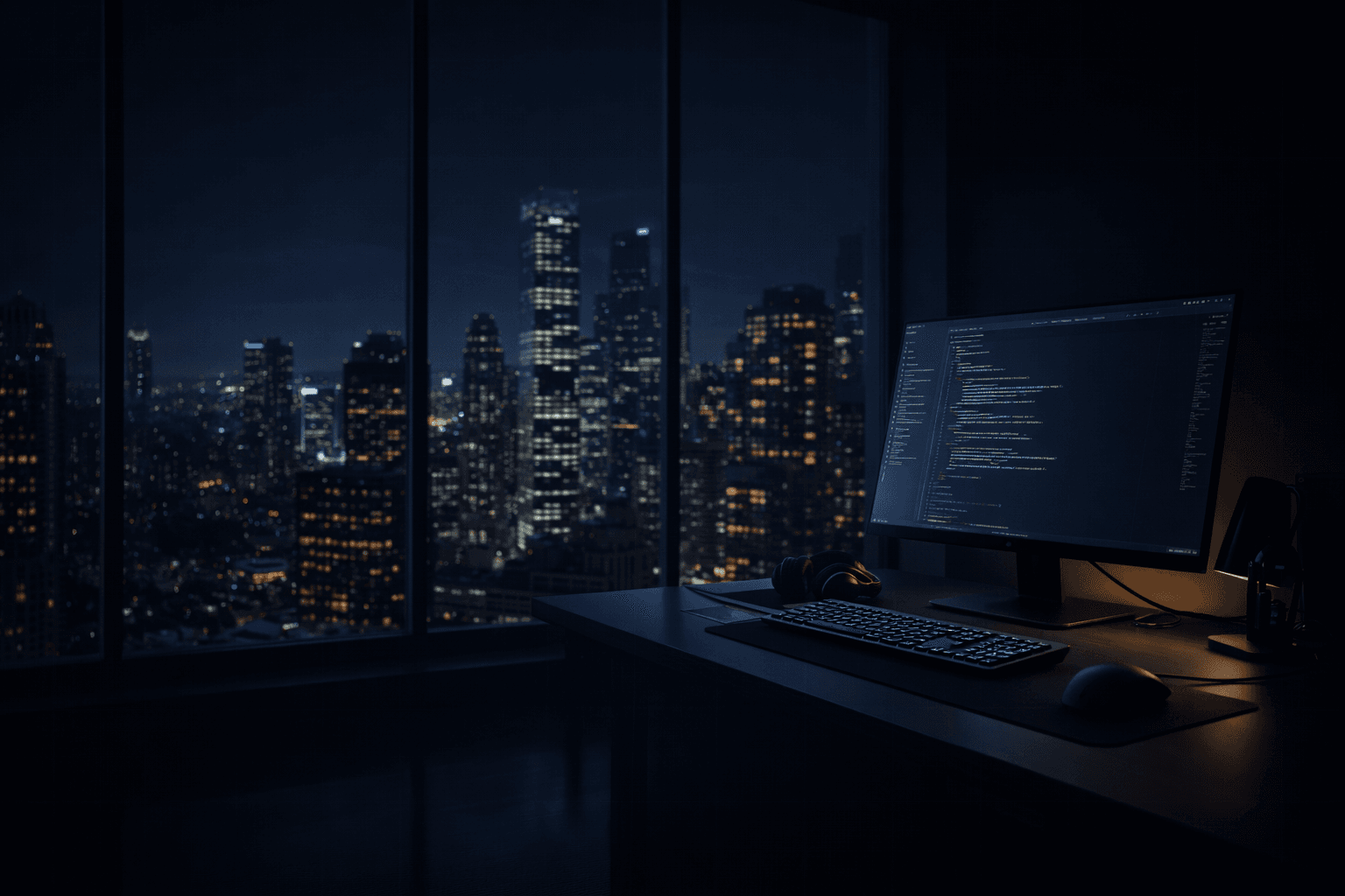 A workspace overlooking a city skyline at night.